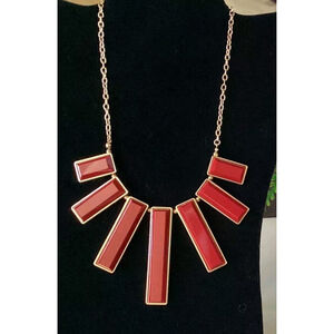 Red & Gold Tone Bars Bib Statement Necklace Vintage 21” 1980-90’s Look